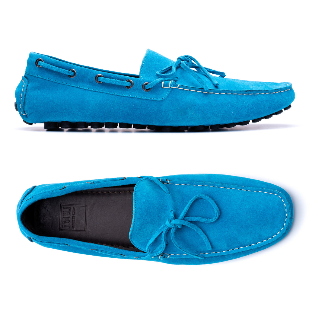 blue suede driving moccasins