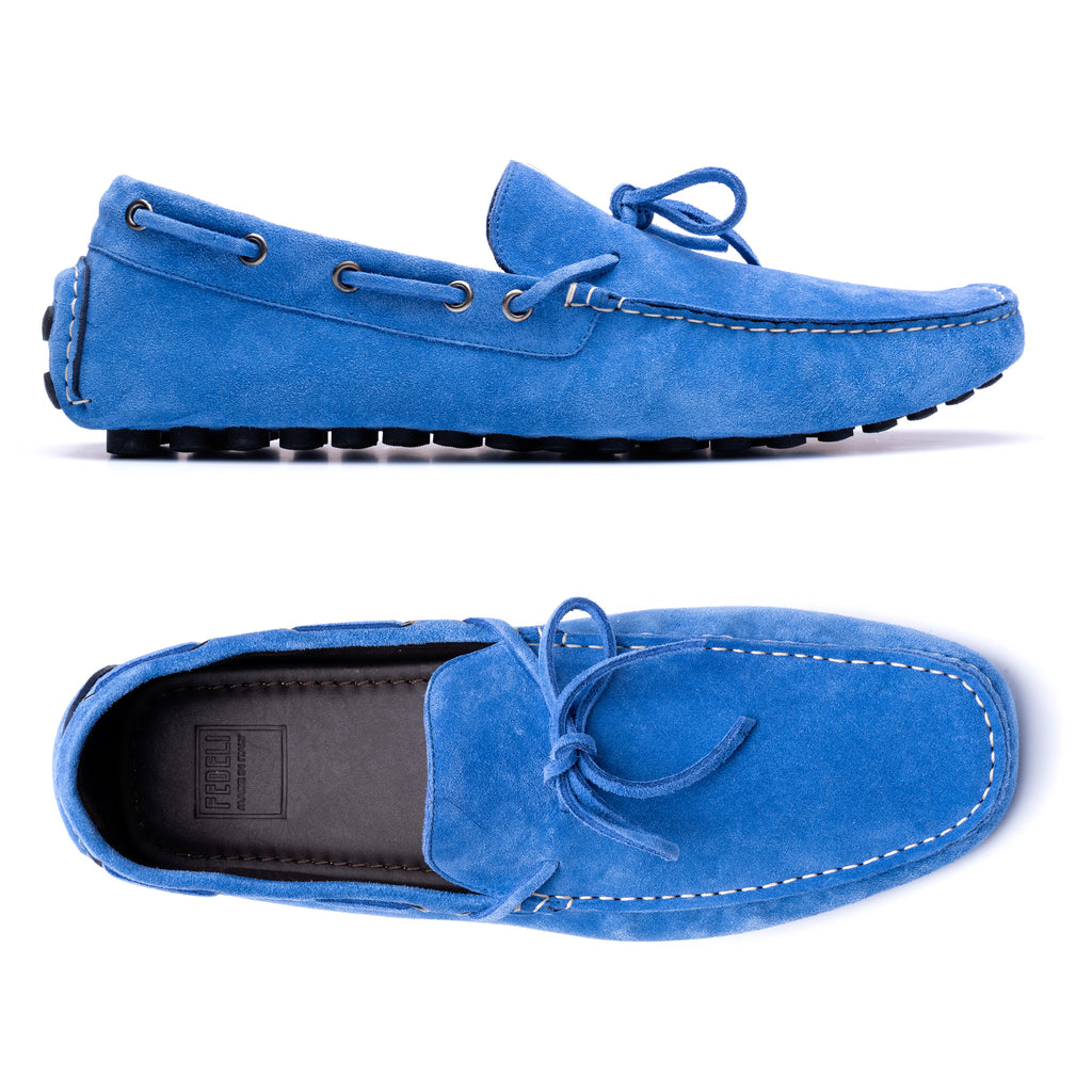 blue suede driving loafers
