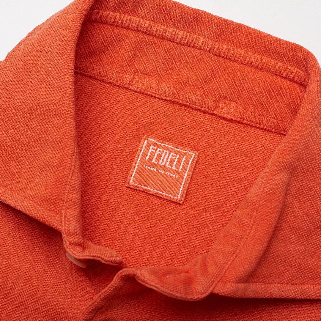 FEDELI "Steve" Solid Orange Cotton Pique Long Sleeve Polo Shirt EU 50 NEW US M