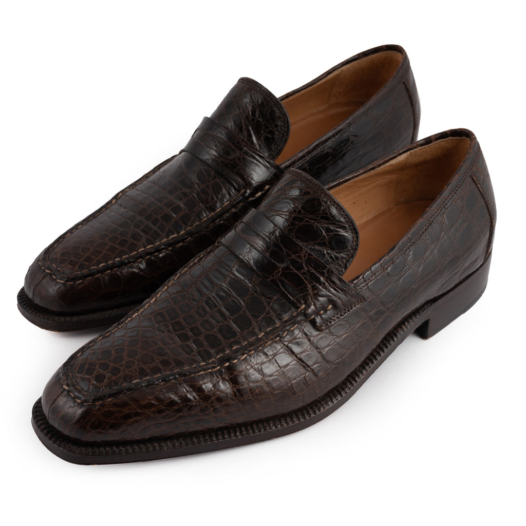 SUTOR MANTELLASSI Handmade Brown Crocodile Leather Penny Loafer Shoes ...