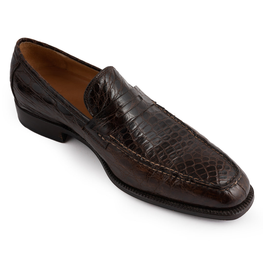 SUTOR MANTELLASSI Handmade Brown Crocodile Leather Penny Loafer Shoes ...