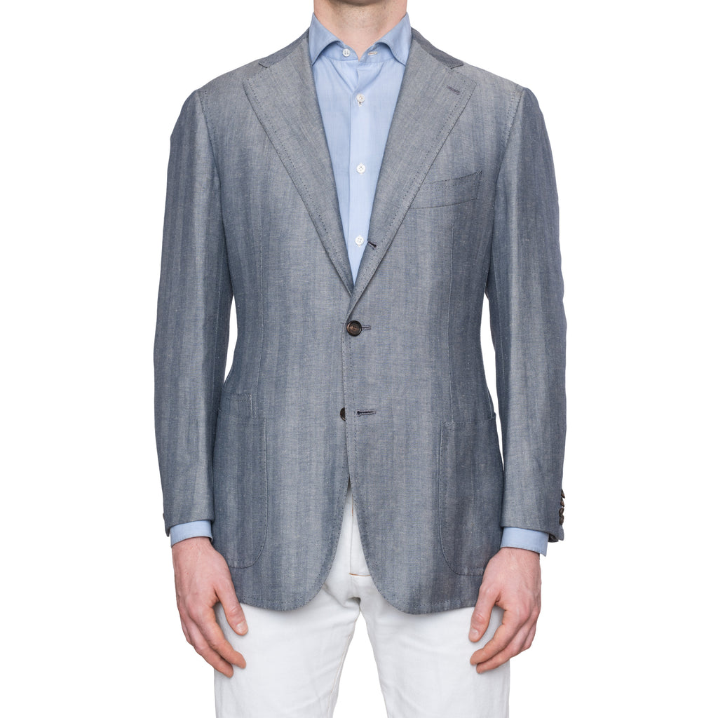 CESARE ATTOLINI Blue Gray Herringbone Wool Linen Unlined Blazer Jacket ...