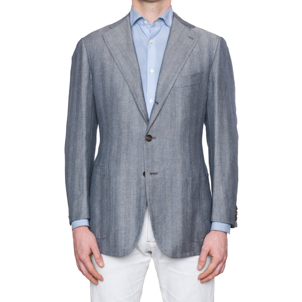 CESARE ATTOLINI Blue Gray Herringbone Wool Linen Unlined Blazer Jacket ...