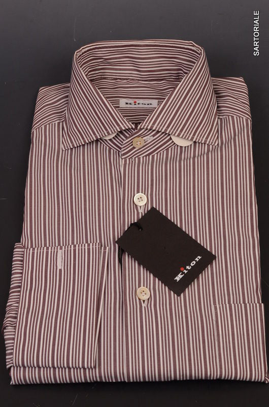 KITON NAPOLI Hand Made White-Plum Striped Dress Shirt 39 NEW 15.5 Fren ...