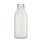 A glass bottle filled with milk.