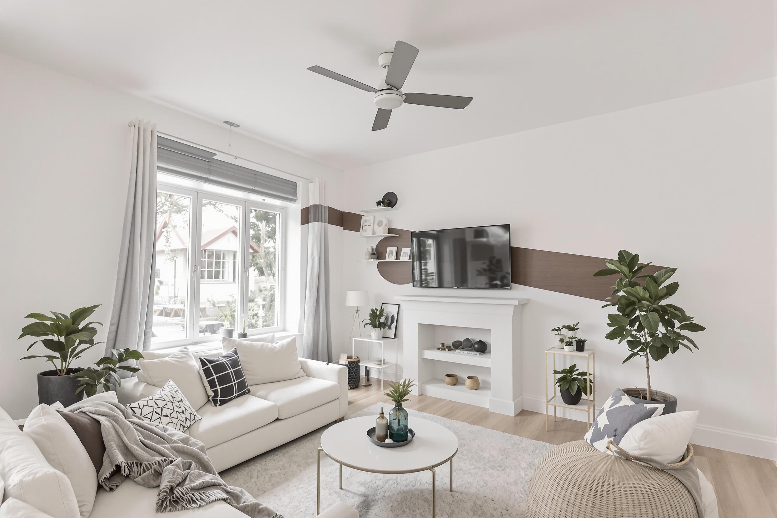 Ventilateur de plafond moderne dans salon blanc