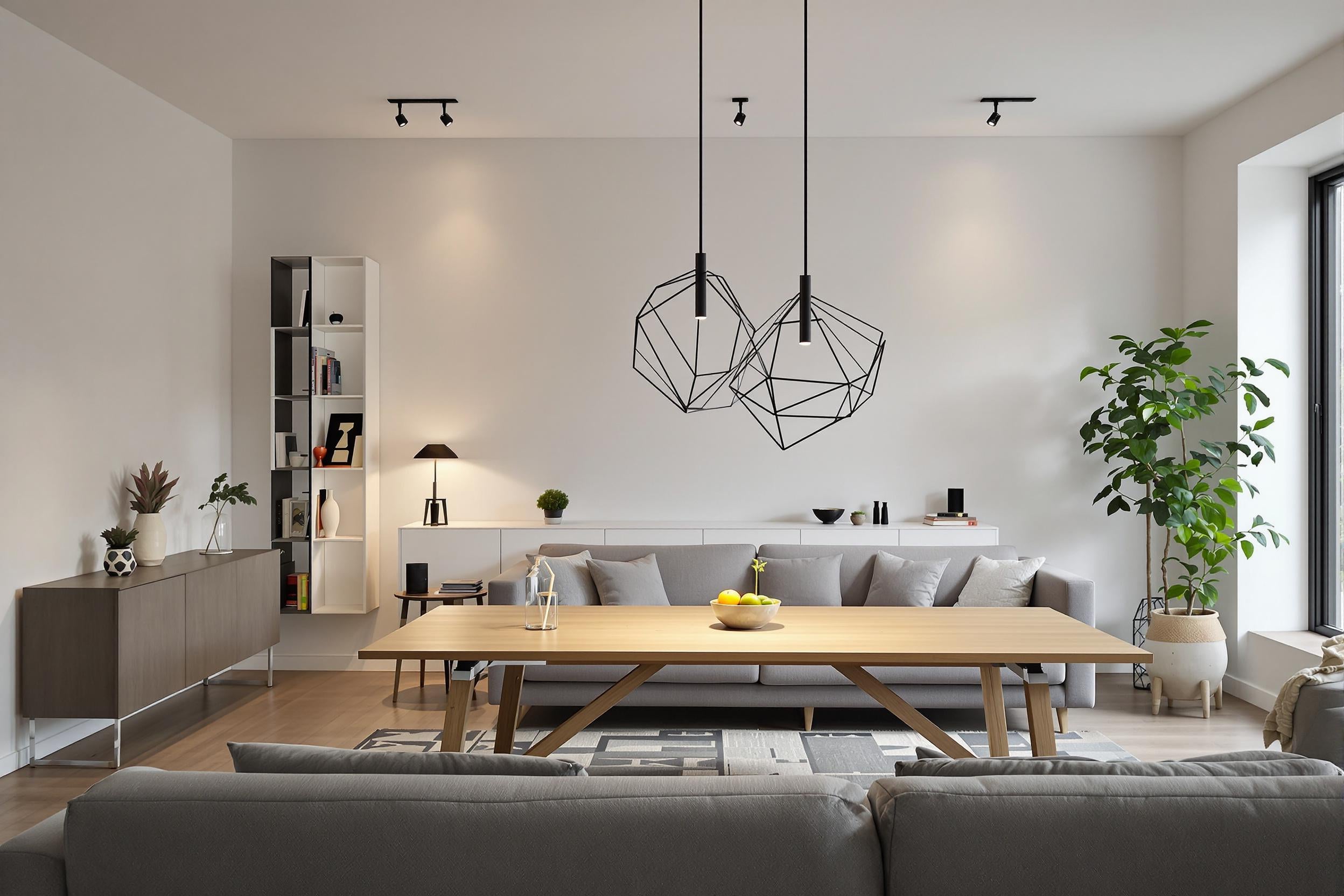 Suspension métallique noire et ambiance lumineuse dans un salon