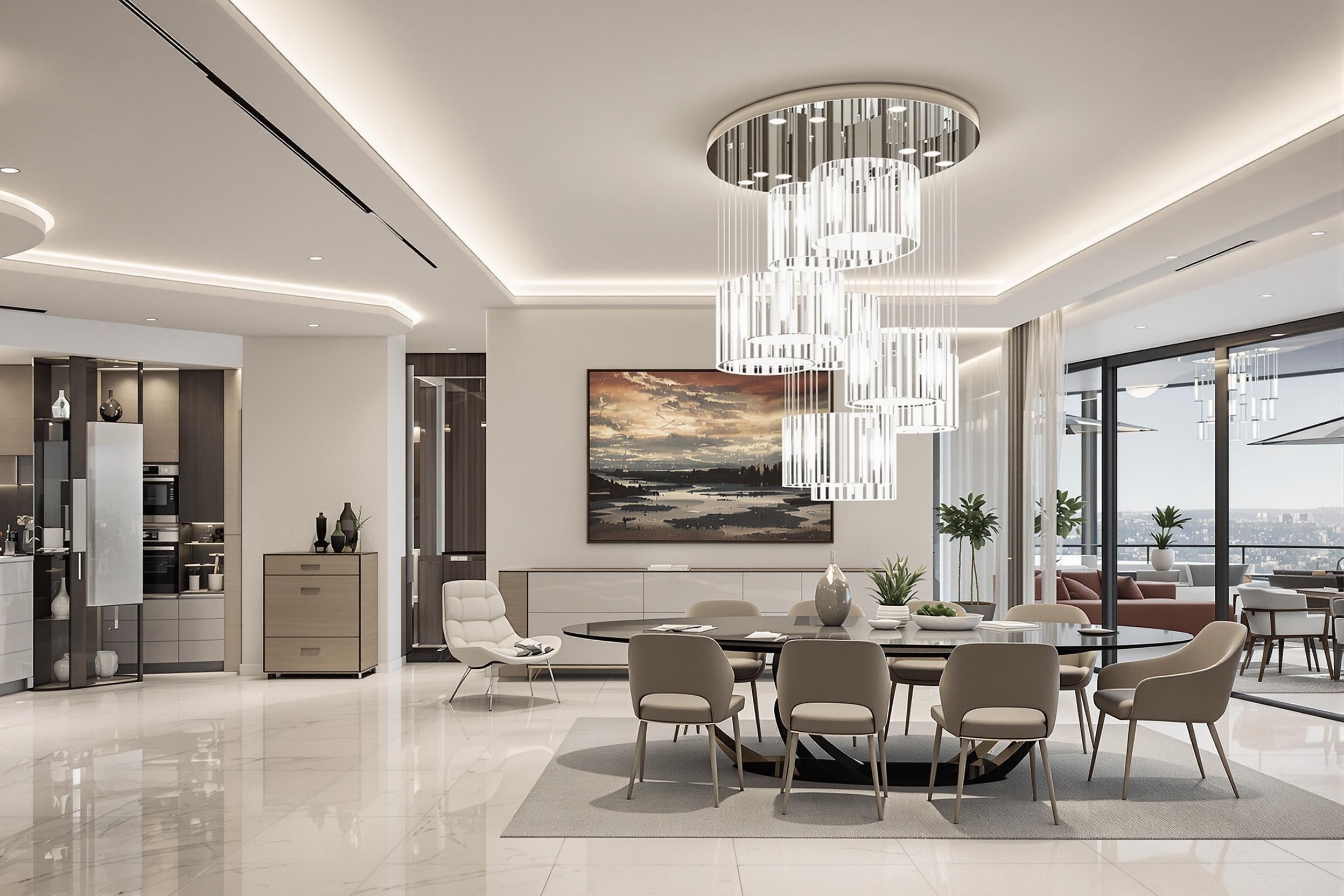 Salon moderne avec plafonnier LED et grande suspension design