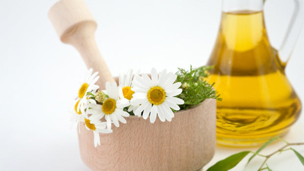 Daisies in a bowl and a bottle of oil