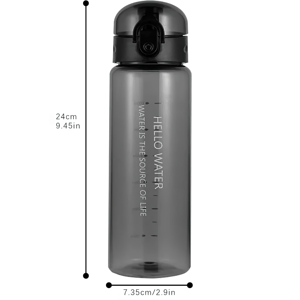Reusable clear water bottle with time markers for daily hydration.