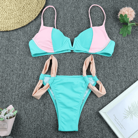 Trendy Swimwear for Women: Pink and Blue Bikini.