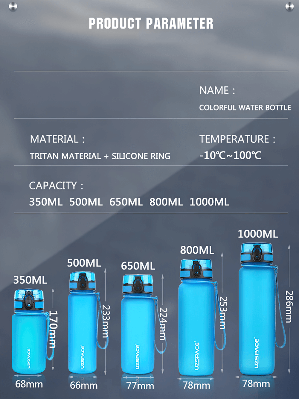Tritan material sports water bottle with leak-proof lid and detachable strap for easy portability.
