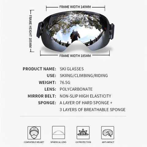 Lightweight Snow Goggles With Spherical Lens and UV Protection.