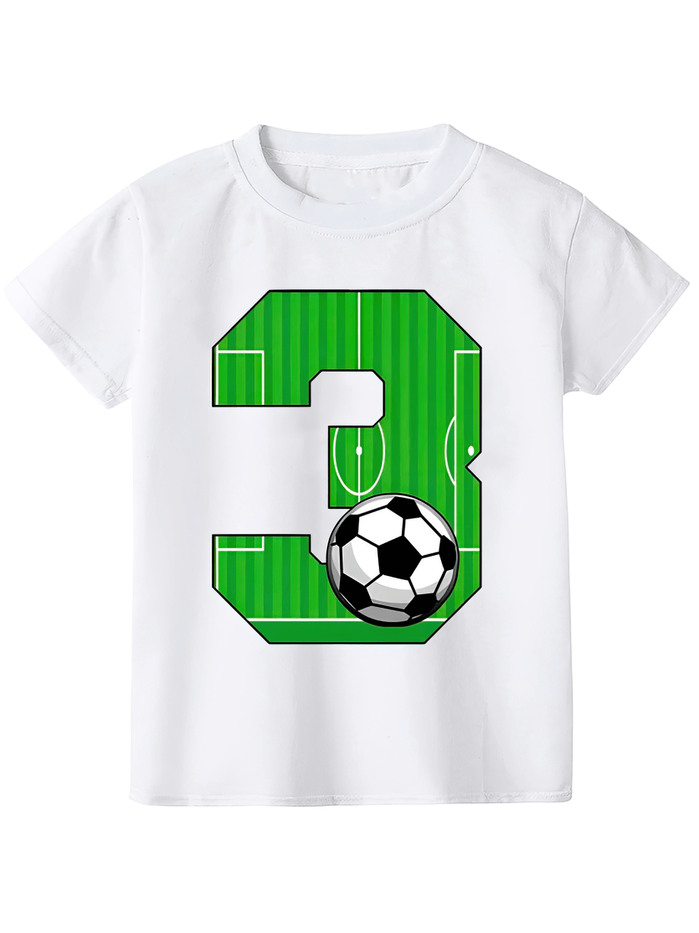 White children's T-shirt with green soccer field number print and football graphic on front.