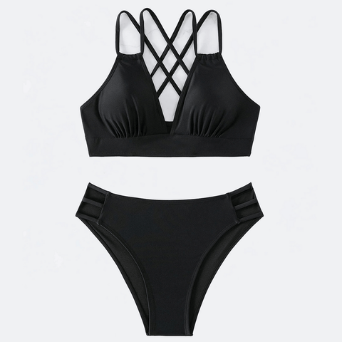 Elegant Black Swimwear with Crisscross Design.