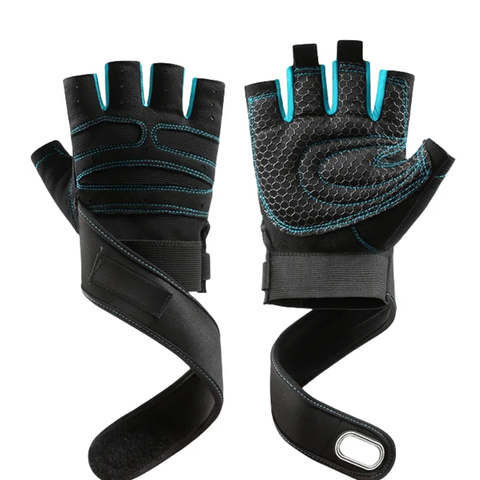 Fitness Gloves With Teal Accents And Wrist Wrap.