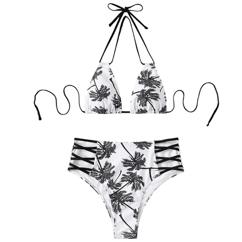 Palm Design Two-Piece Swimwear With High Waist.