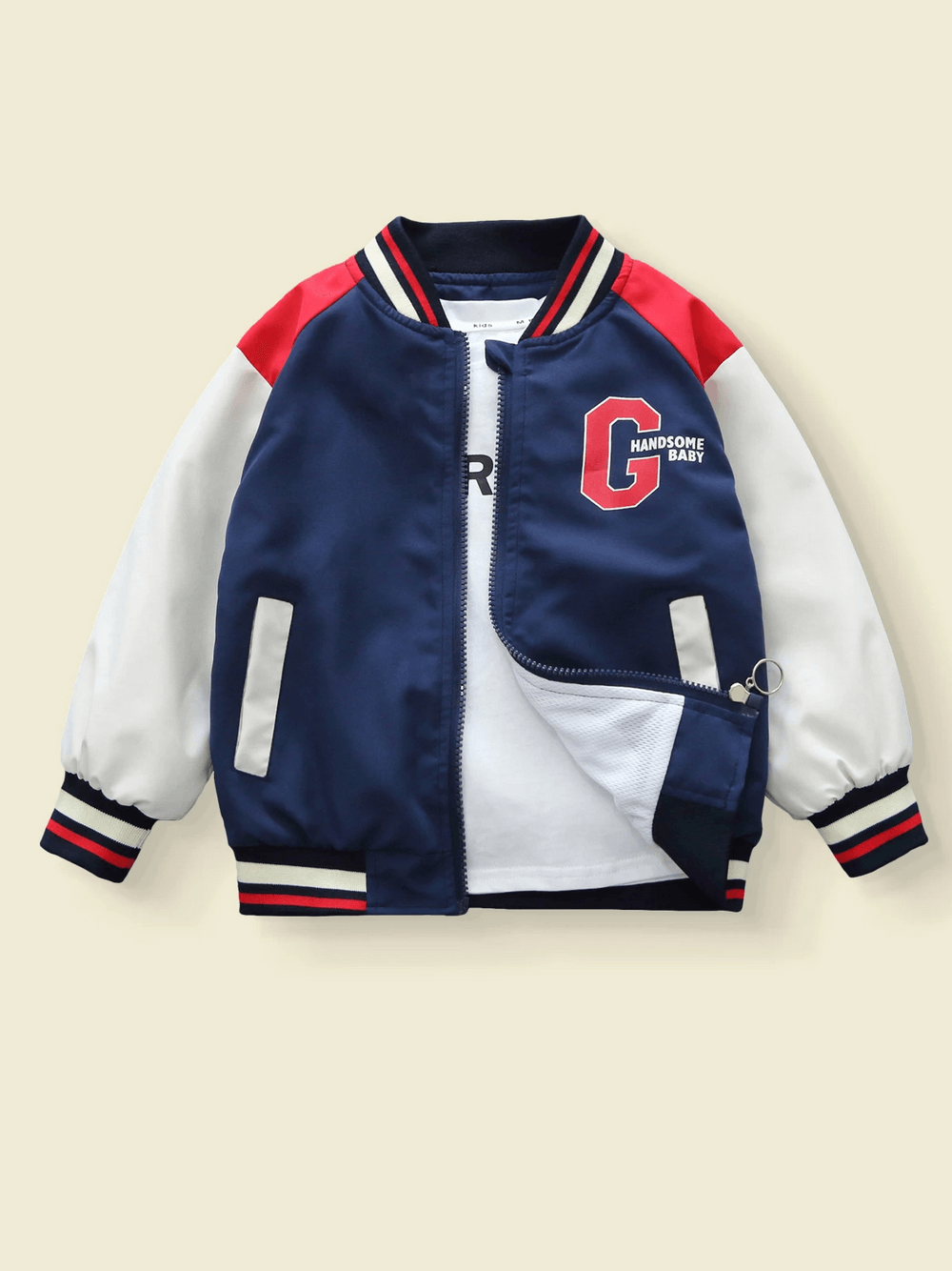 Navy and beige kids' varsity jacket with red accents and 'G' print.