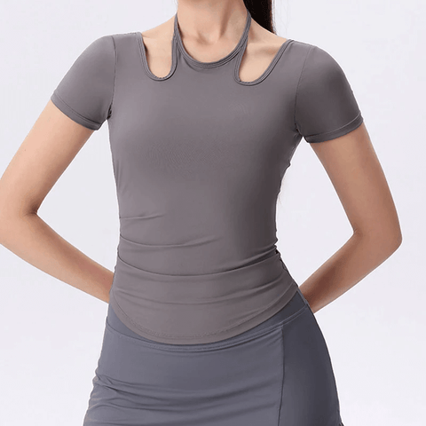 Elastic Fitness Yoga T-Shirt with Cross Strap for Women.