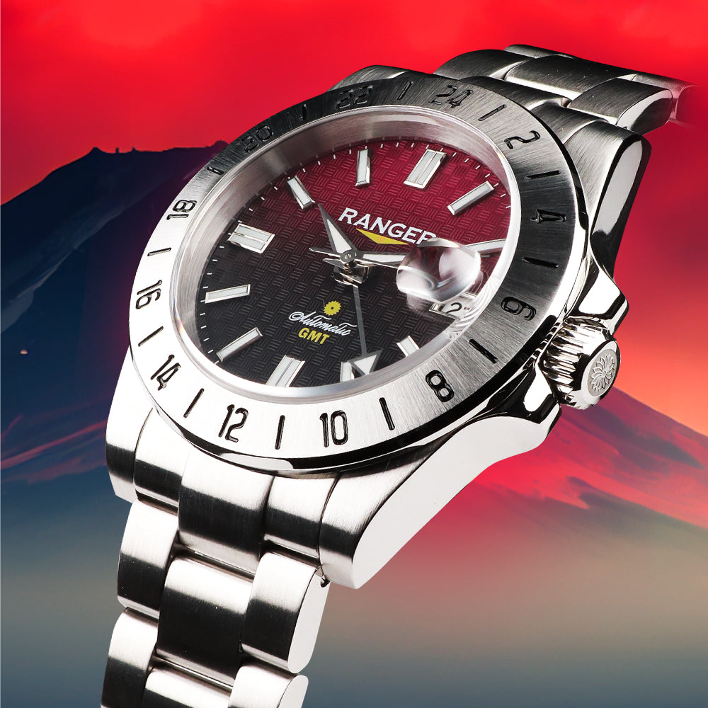 Wancher Watch Ranger IV AKA FUJI Automatic GMT Watch Seiko NH34 Movement Textured Dial Gradient Red & Black Automatic Watch 