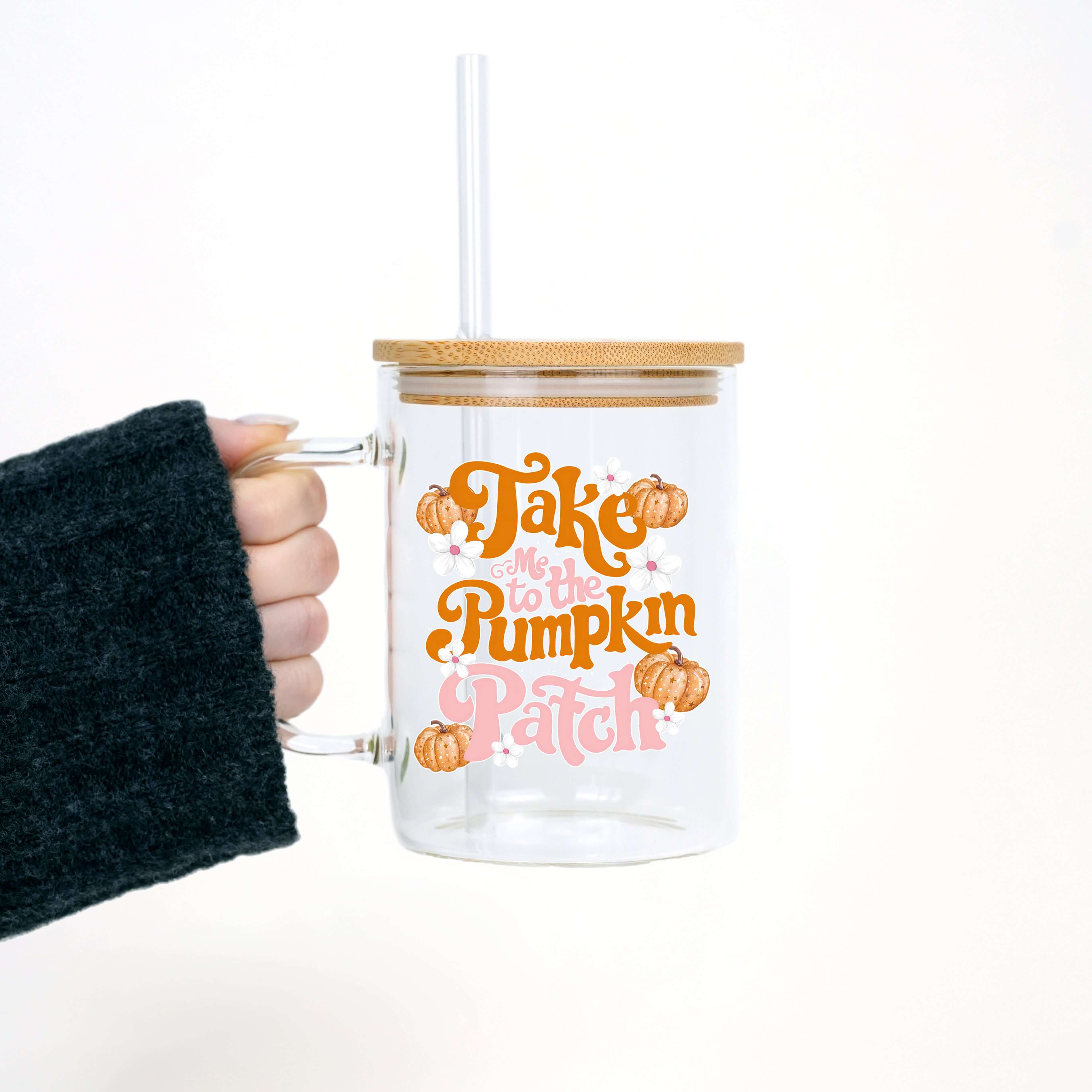 Pumpkin Patch 17oz Glass Mug With Lid and Straw