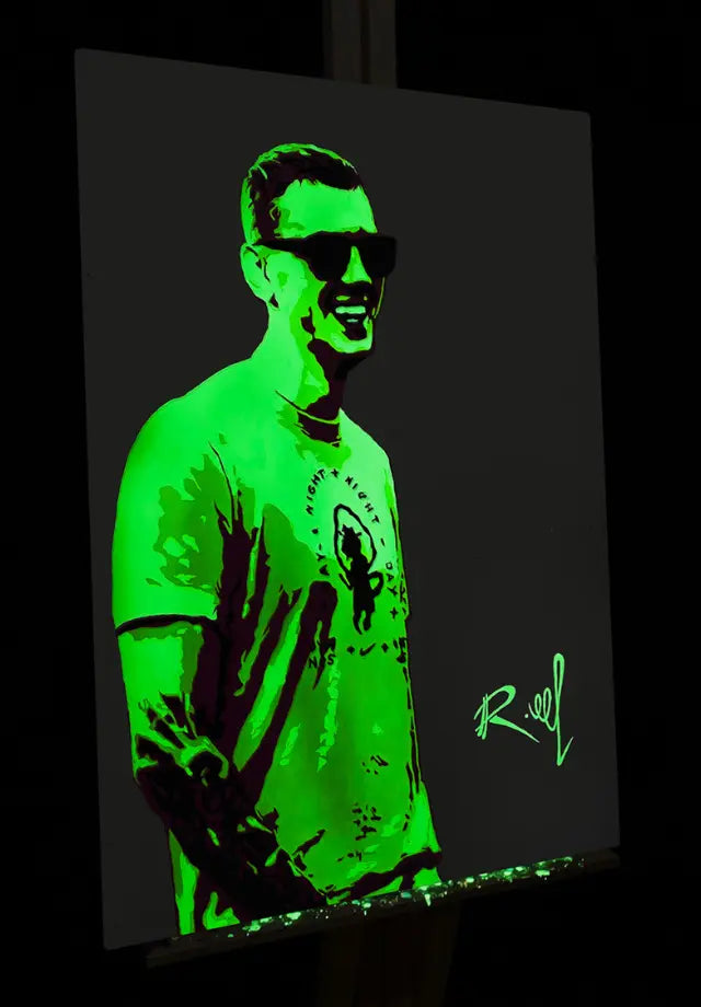 A glow in the dark painting showing man with sunglasses 