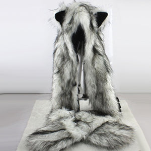Women Fashion Wolf Ears Paws Faux Fur 3 in 1 Hat Scarf Mittens Winter Warm Cap