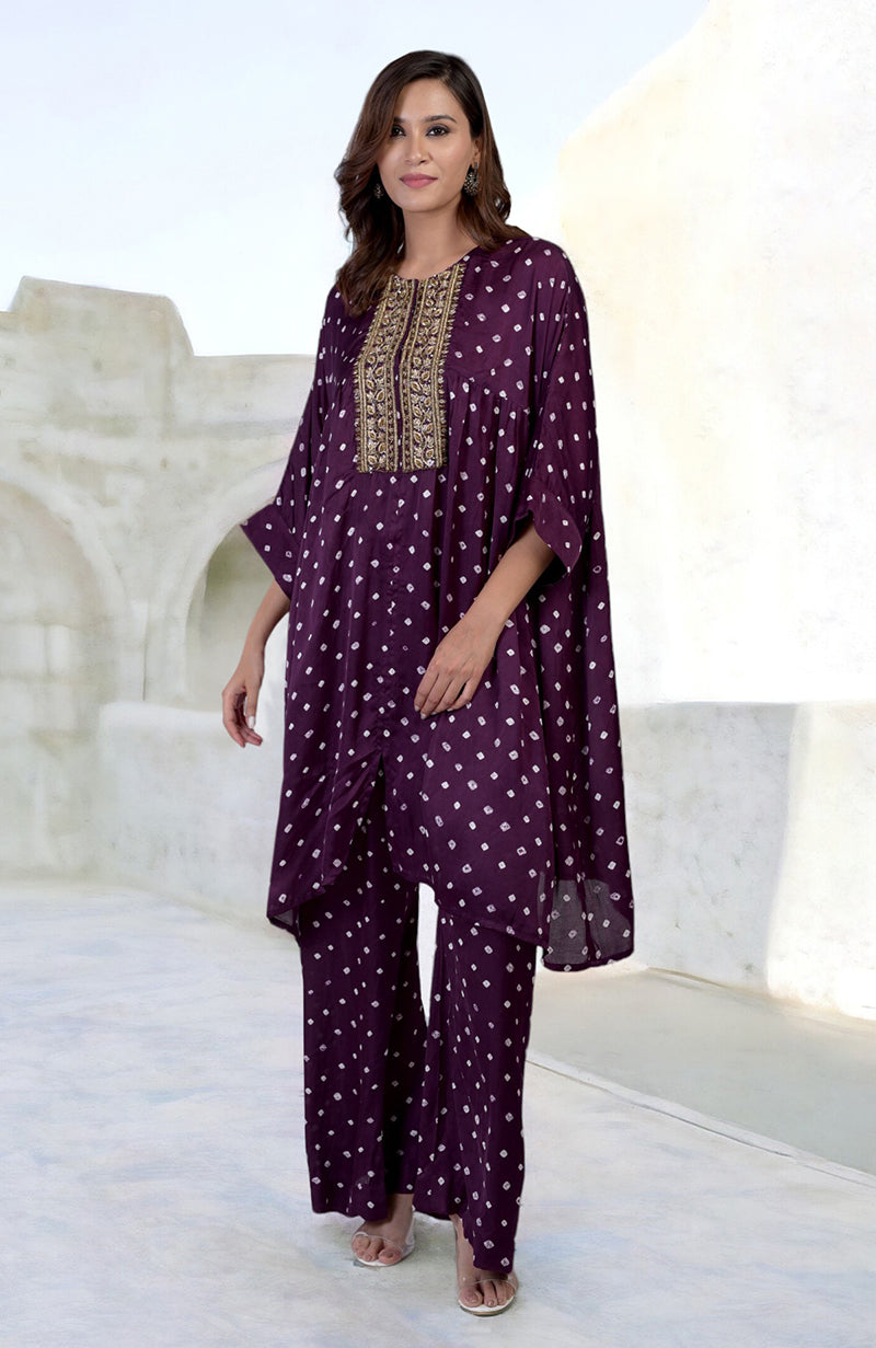 Plum Handcrafted Bandhej Embroidered Co-Ord Set