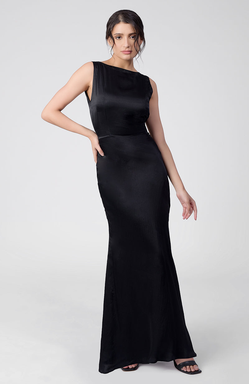 black liquid satin evening dress, sheerglamour