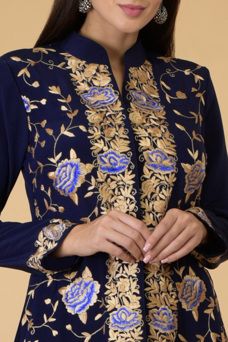 Charcoal Blue Parsi Gara Embroidered Kimono Jacket – Talking Threads