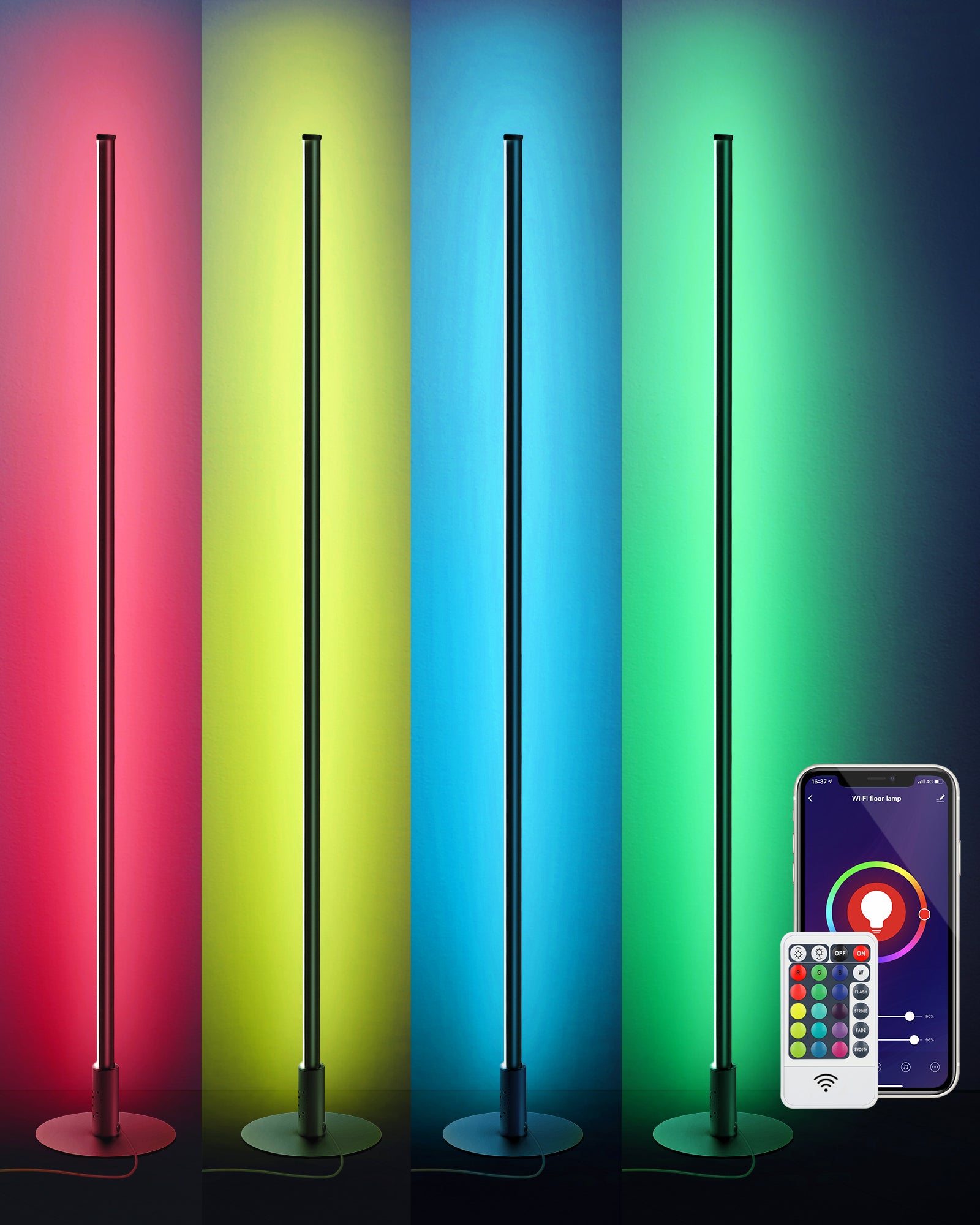 EDISHINE Black RGBW, Mood Lighing, Smart WiFi Dimmable Floor Lamp with App & Remote Control, 1 Pack-F1HFLK02W