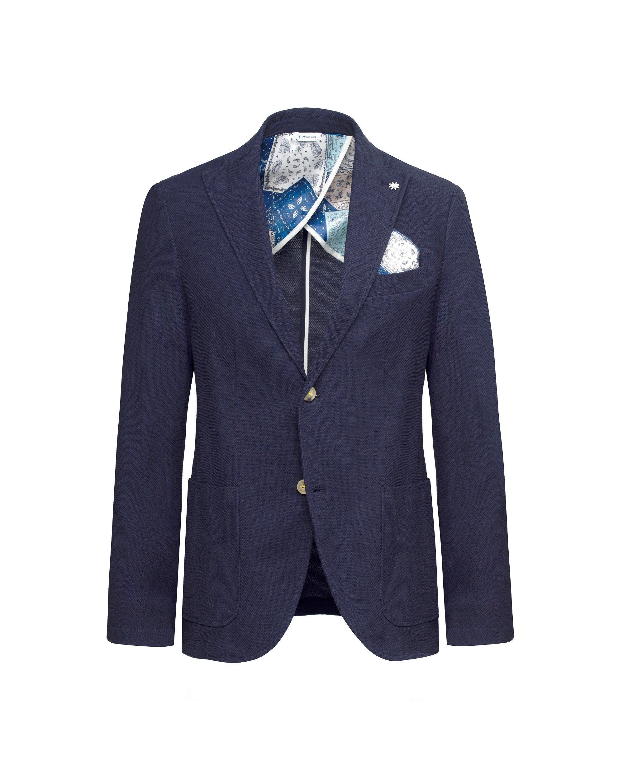 blue semi-lined slim piqué cotton blazer