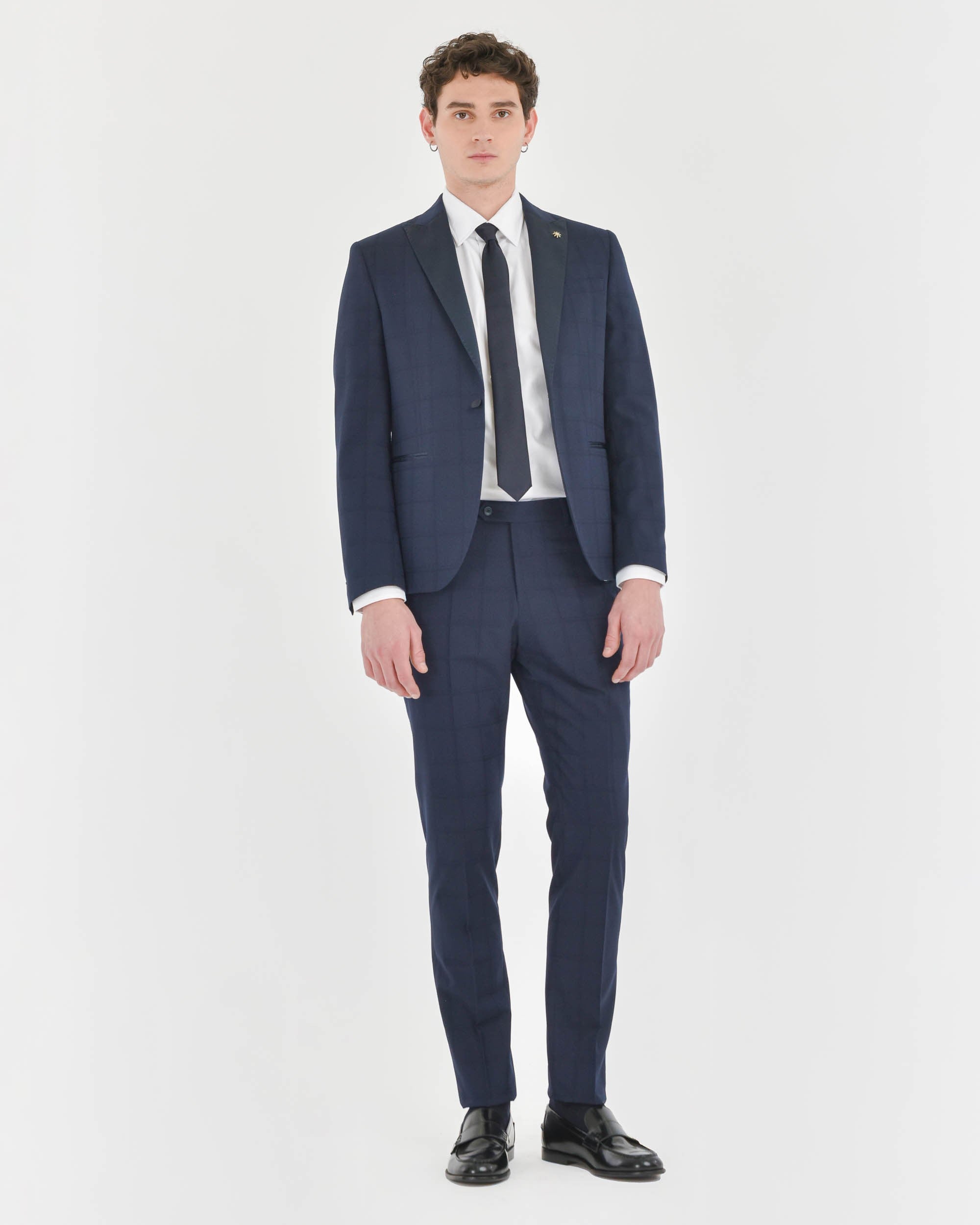 blue stretch viscose blend overcheck lapel suit