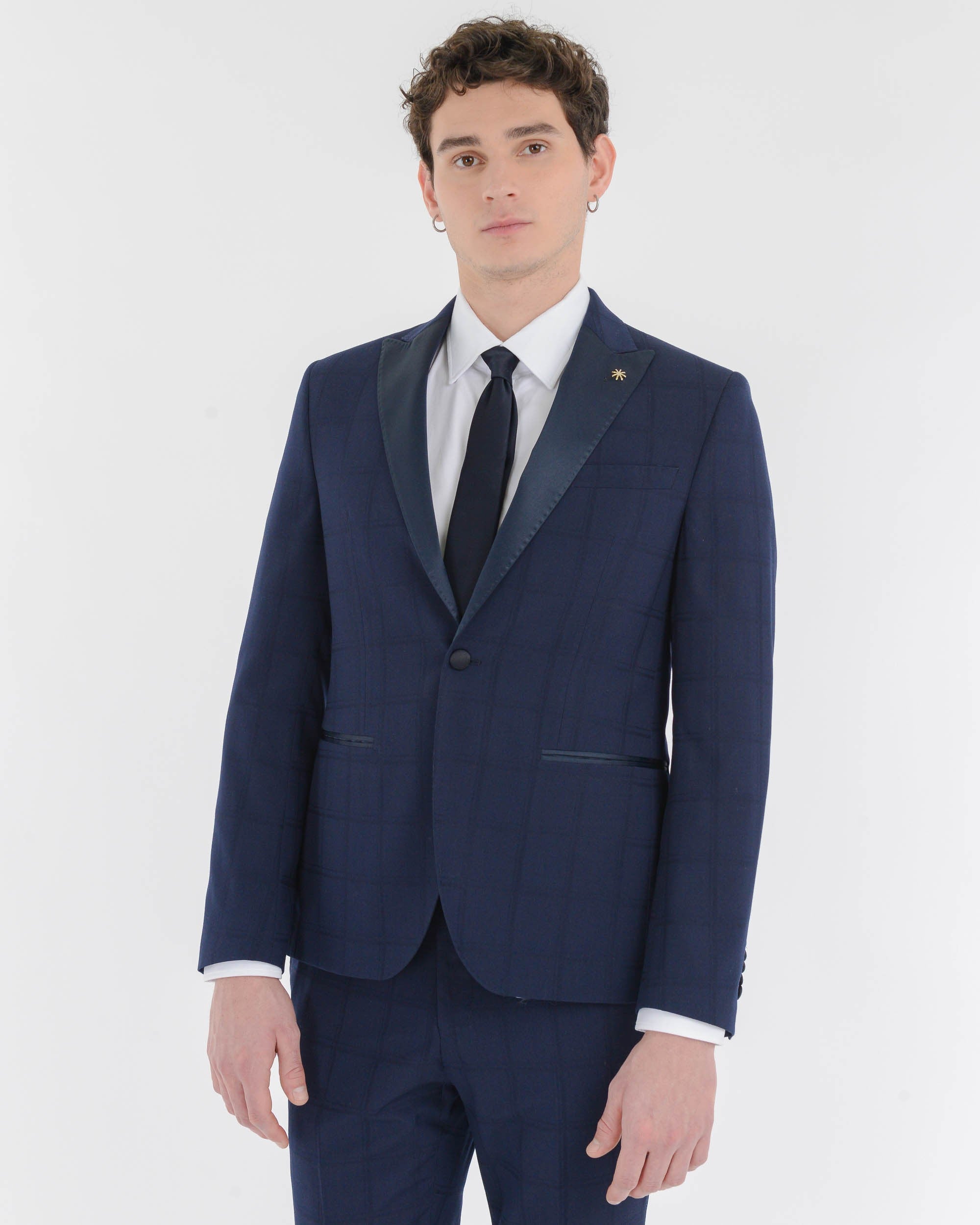 blue stretch viscose blend overcheck lapel suit