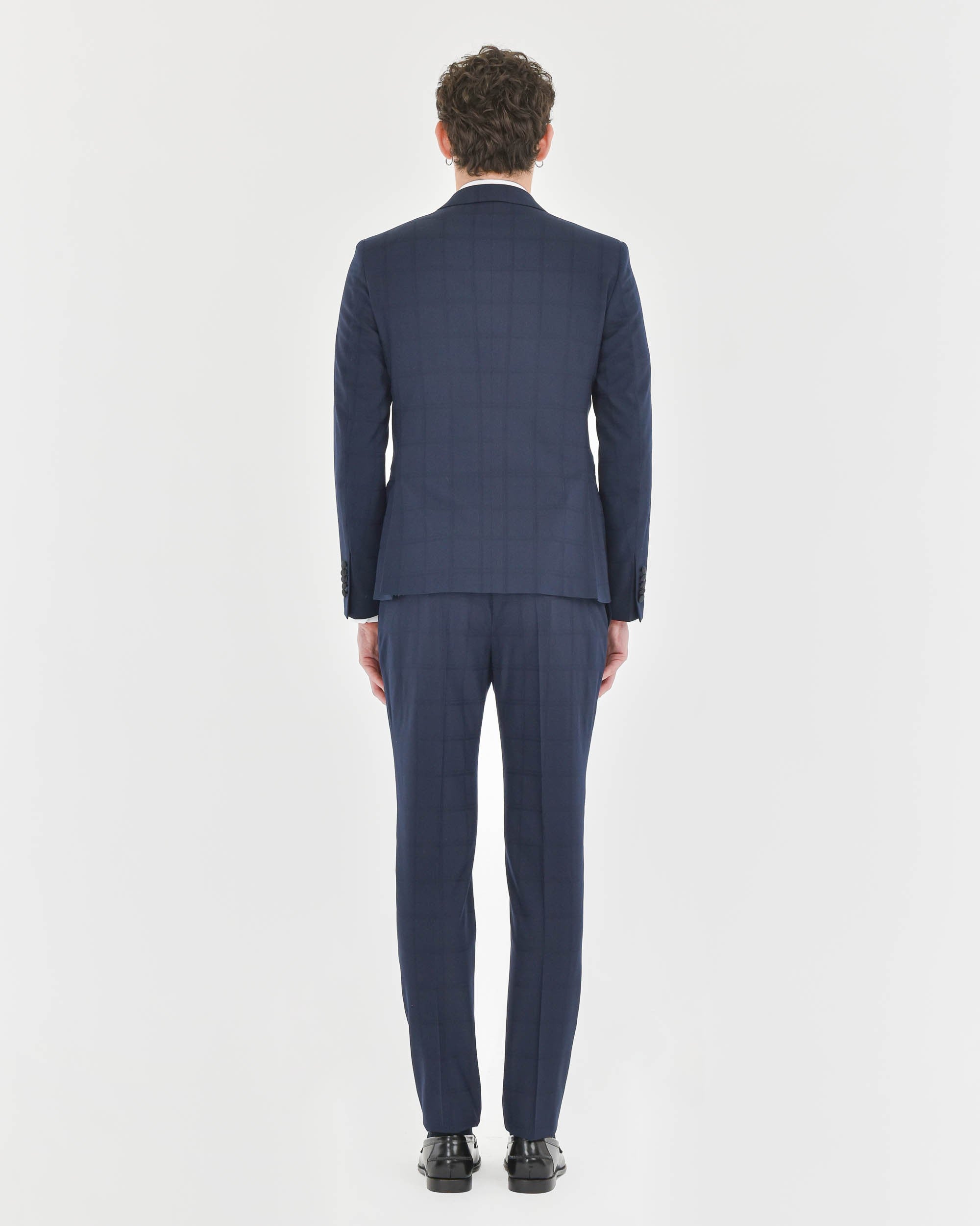 blue stretch viscose blend overcheck lapel suit