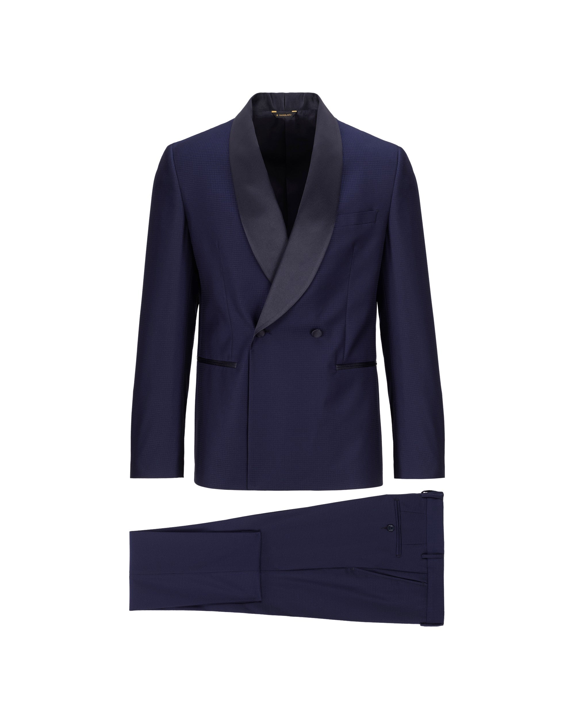 blue double-breasted houndstooth stretch viscose blend suit