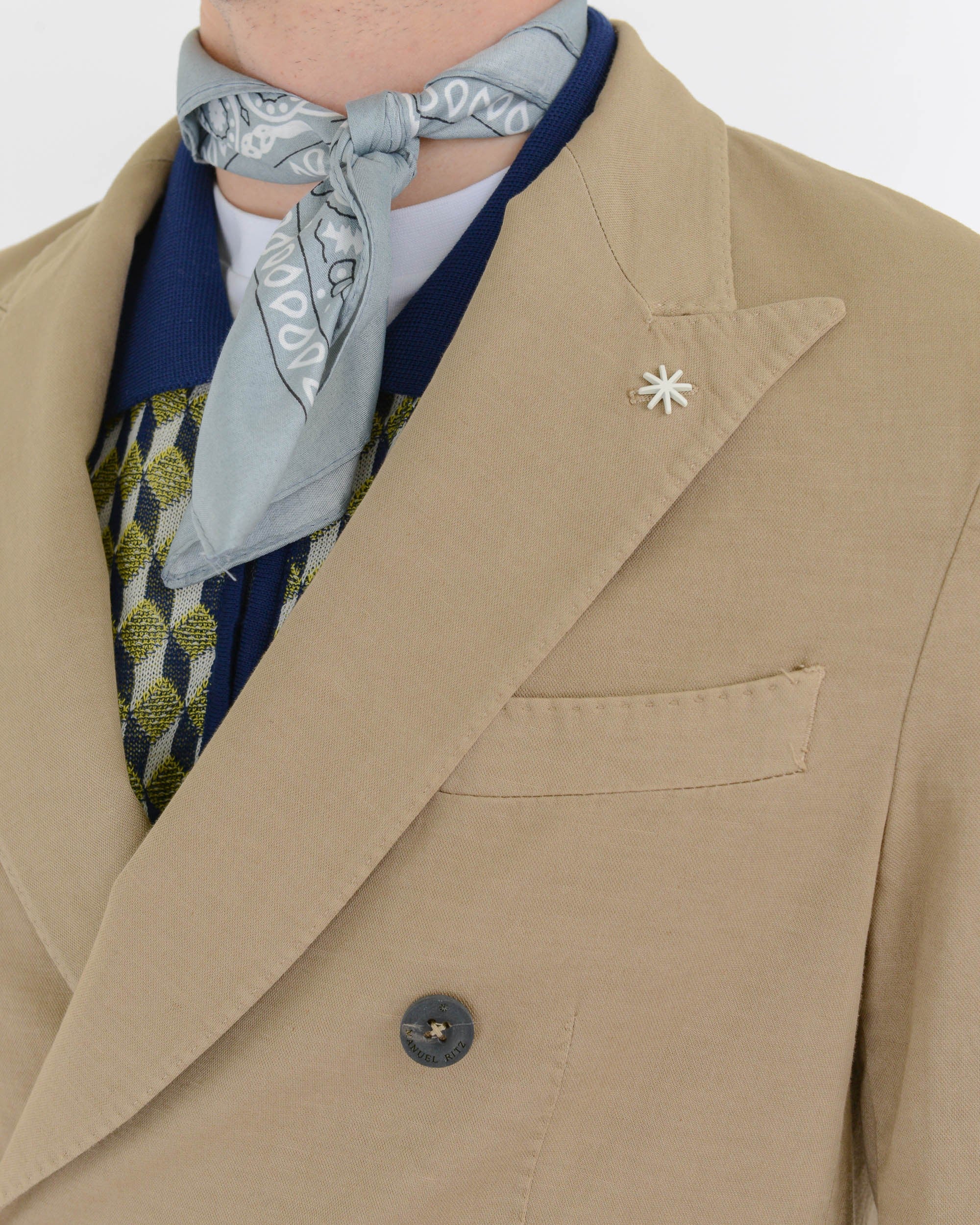 beige stretch linen cotton garment dyed double-breasted blazer