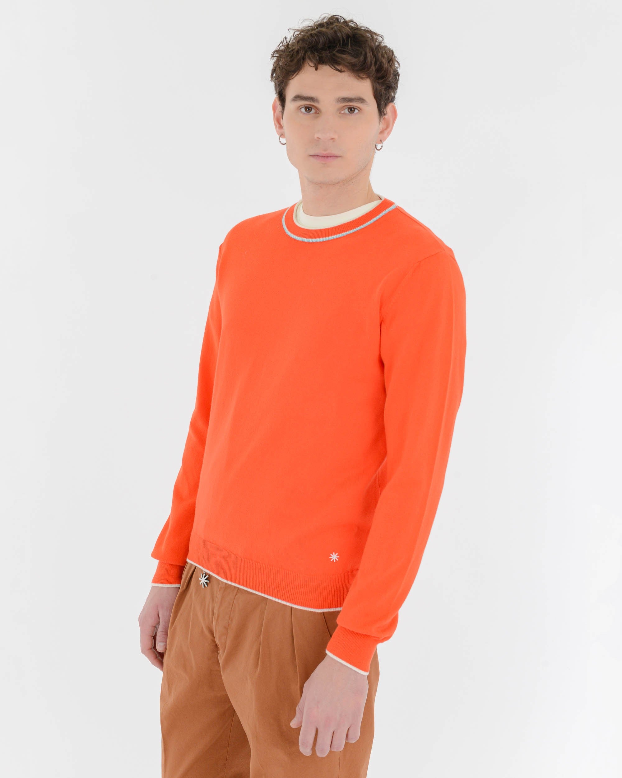 orange contrasting crew-neck sweater in shaved cotton