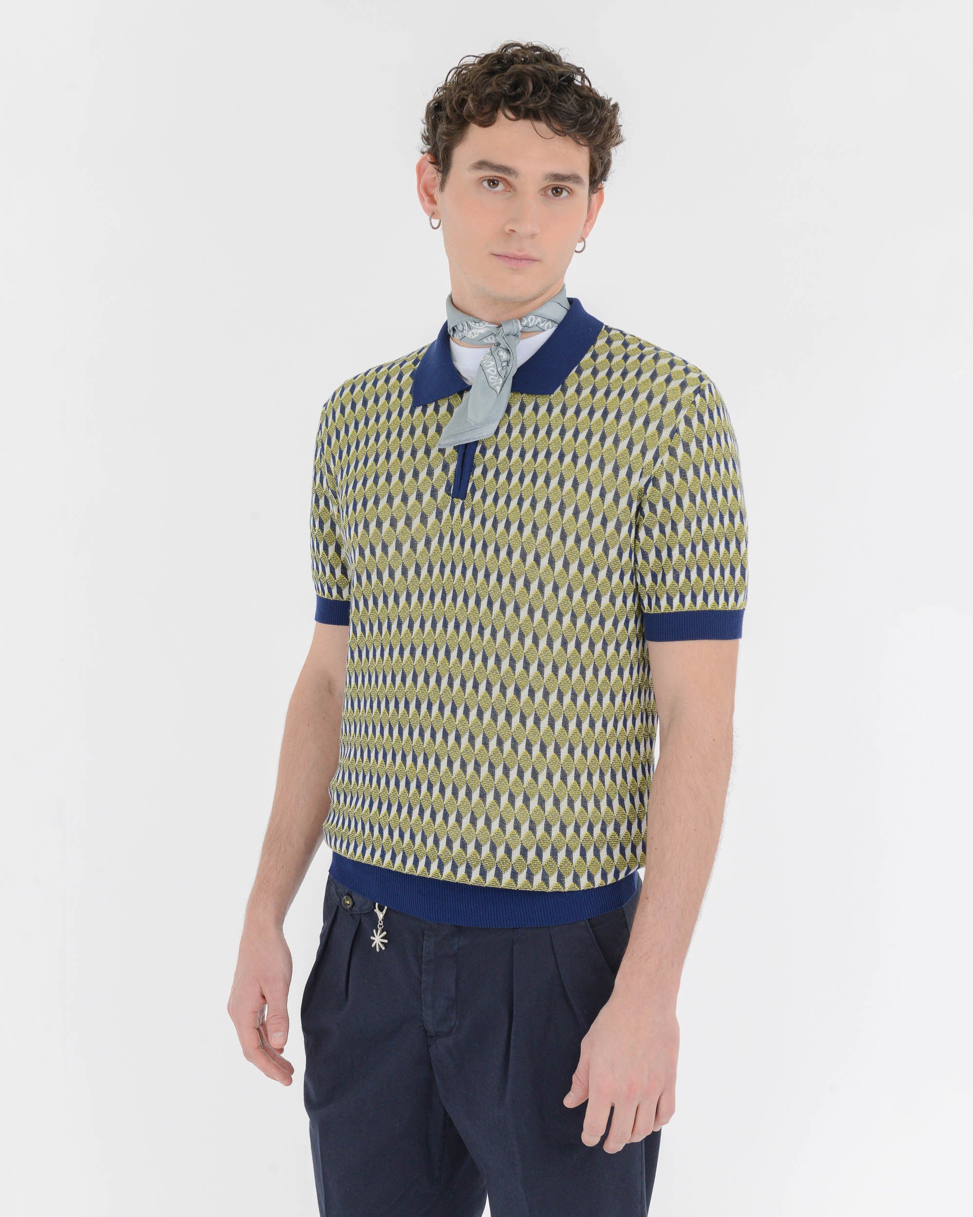 blue short-sleeved jacquard cotton crepe polo shirt