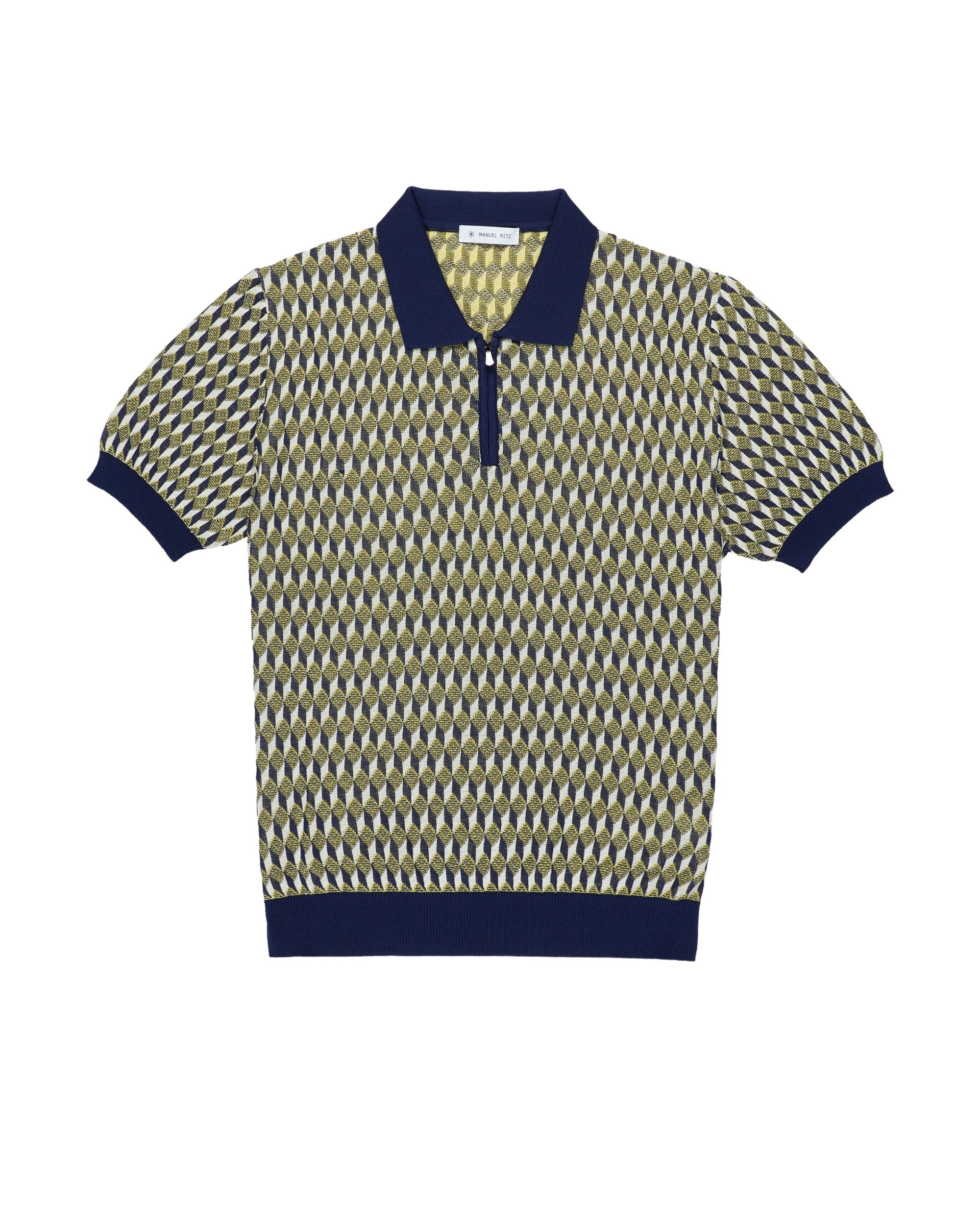 blue short-sleeved jacquard cotton crepe polo shirt