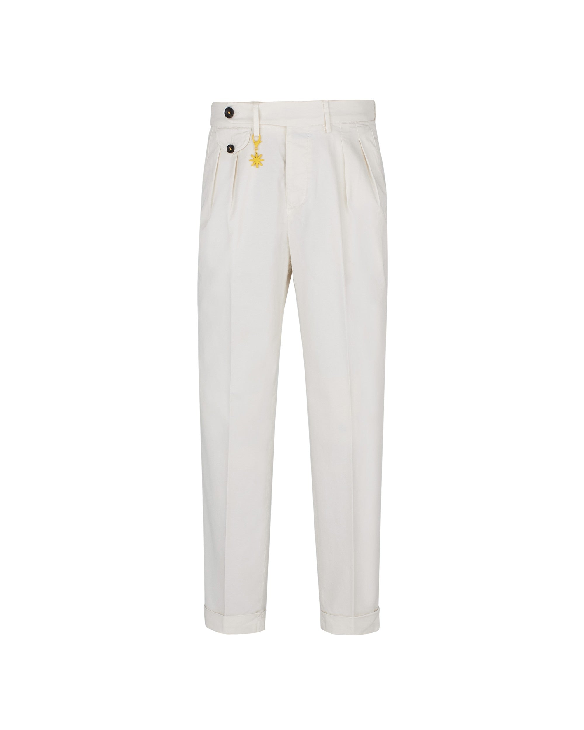 white stretch cotton twill baggy double pleat trousers