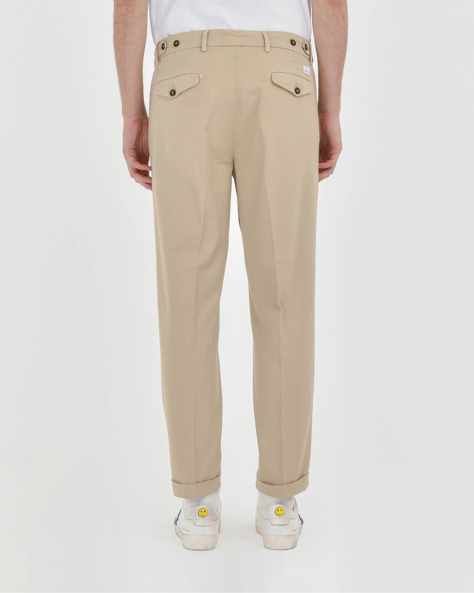 beige stretch cotton twill baggy double pleat trousers