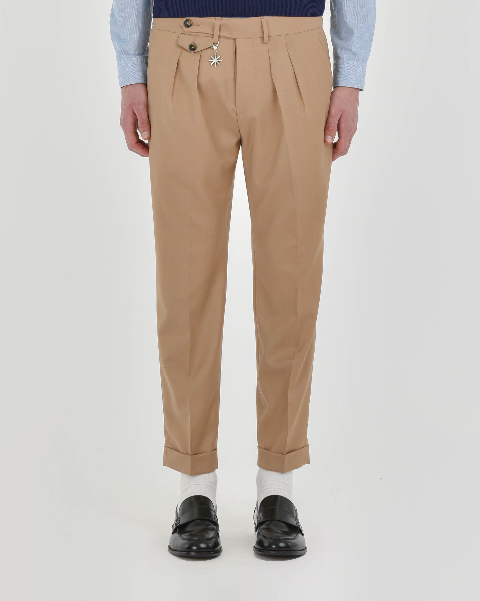 beige stretch wool baggy double pleat trousers