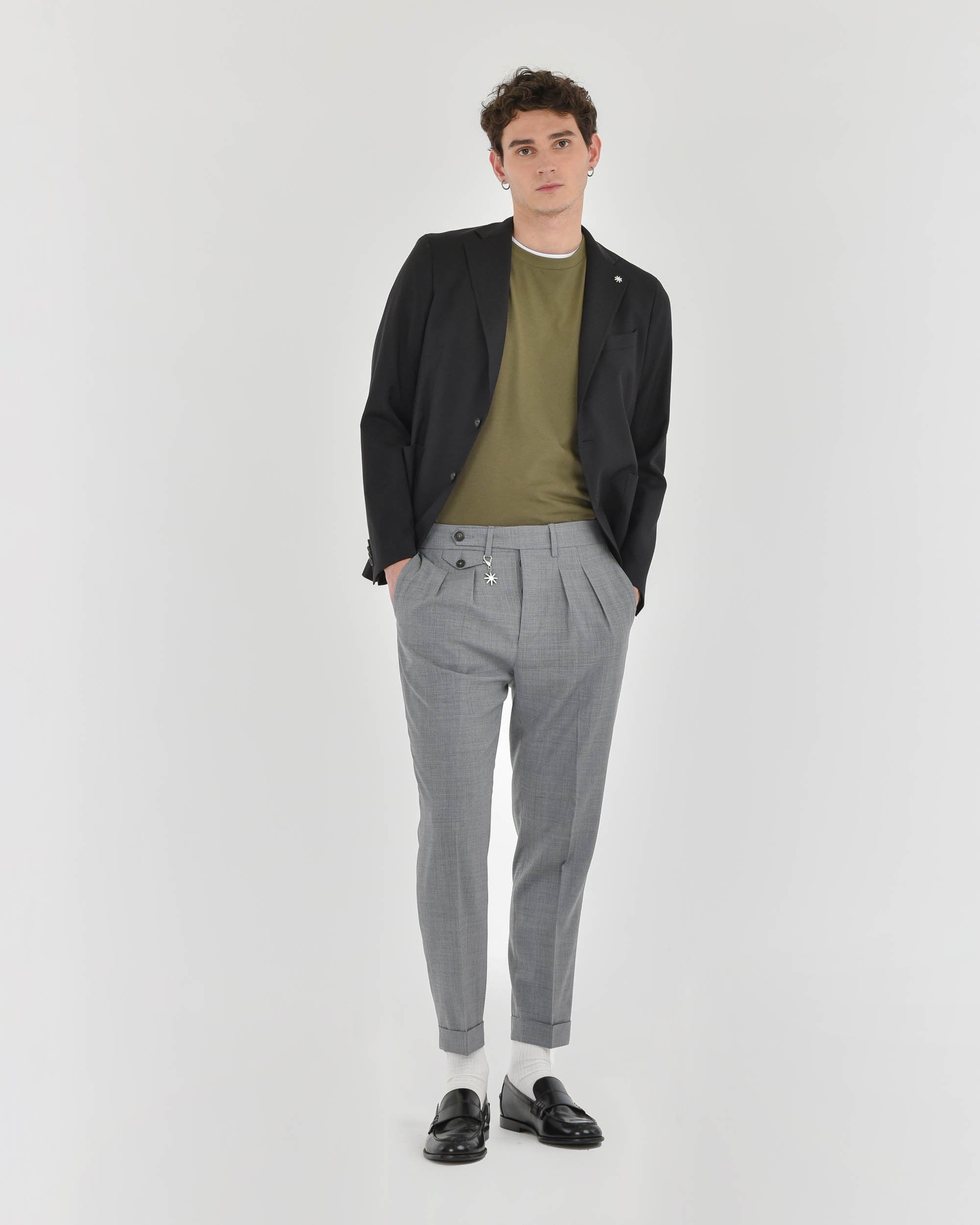 gray stretch wool baggy double pleat trousers