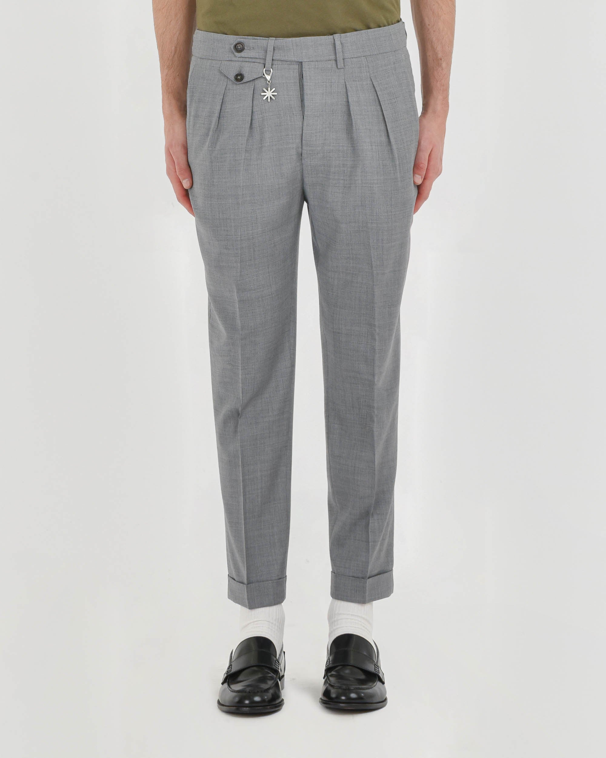 gray stretch wool baggy double pleat trousers