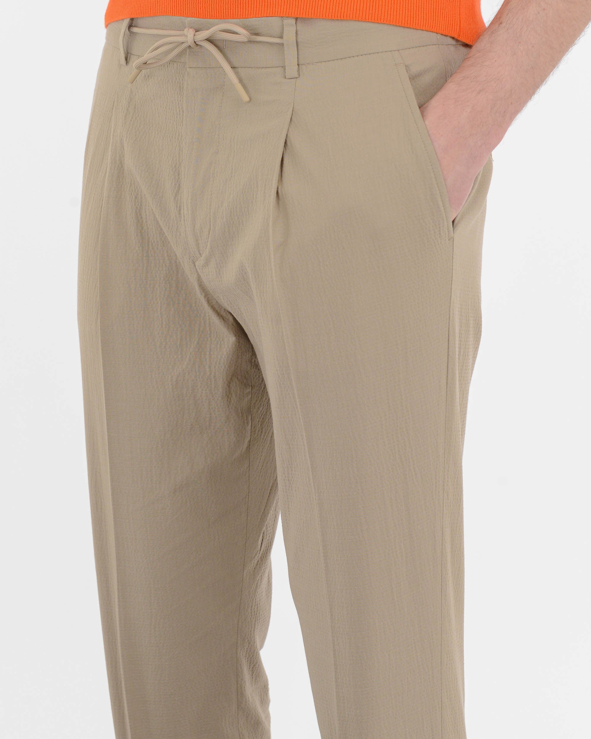 beige stretch cotton blend seersucker jogging trousers