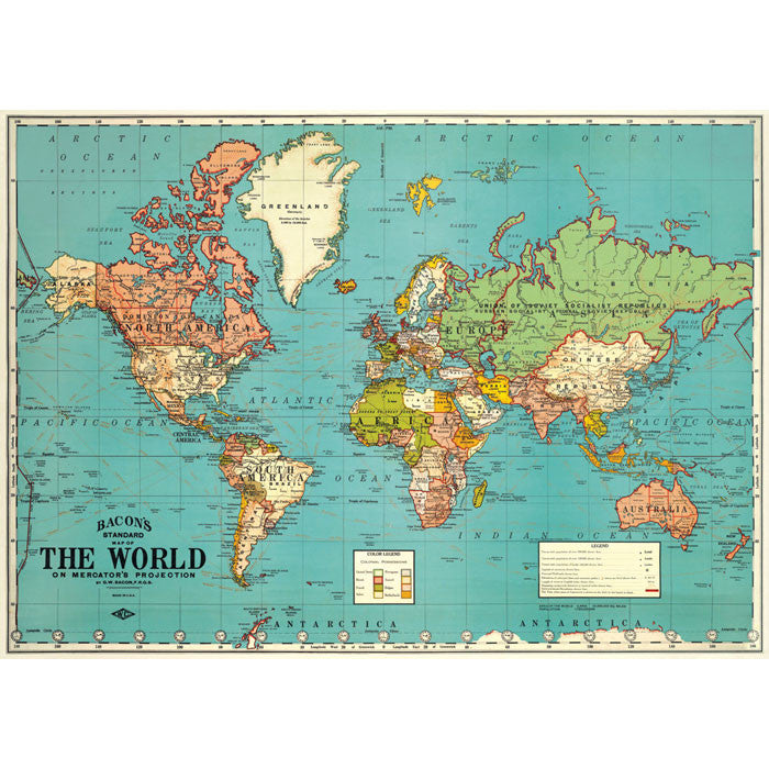 Bacons The World Map Vintage Chart Poster Print Six Things