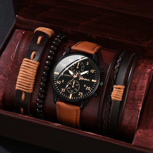 MOONBIFFY - Men's 4-in-1 Quartz Watch Set: Brown Leather & Black PU Straps - Look on Sale