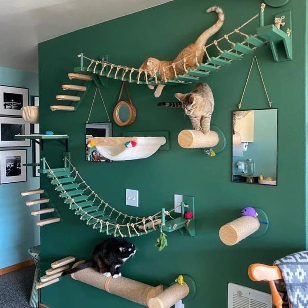 Cat Tree Wall Mounted Climbing Shelves Wooden Hammock with Ladder