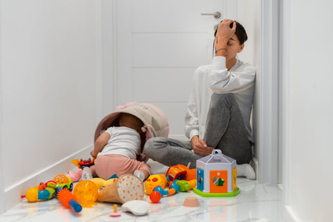 Mother sitting on floor frustrated with child, which is not playing with any toys and throwing a tantrum